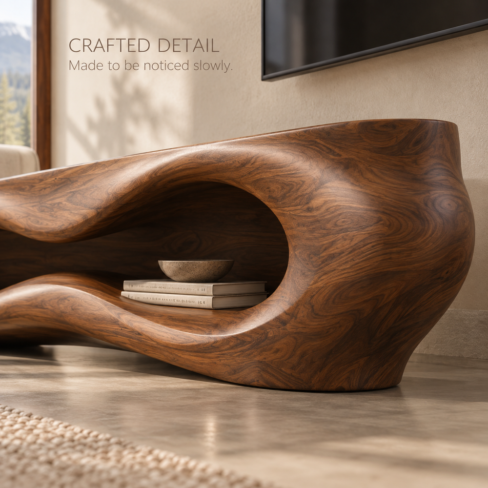 Liora Sculptural Solid Wood TV Stand - Design 081 - product detail and styling view 5