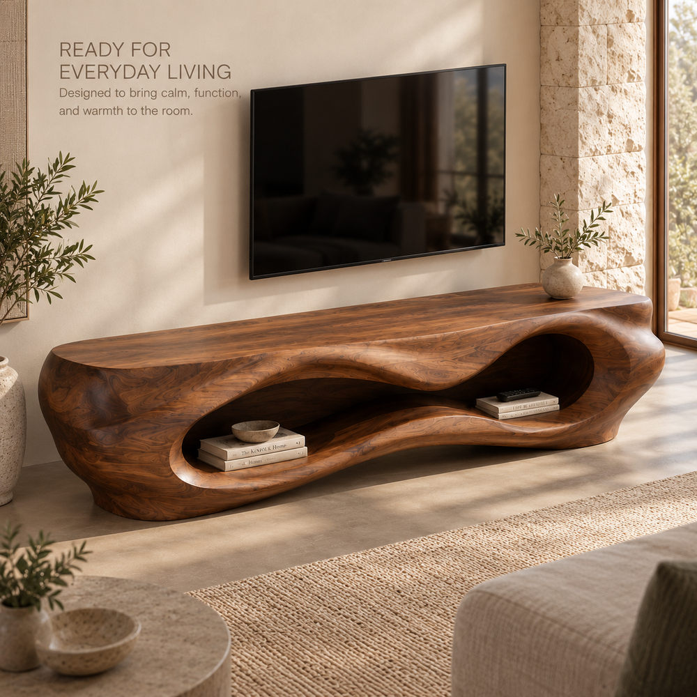 Liora Sculptural Solid Wood TV Stand - Design 081 - product detail and styling view 6