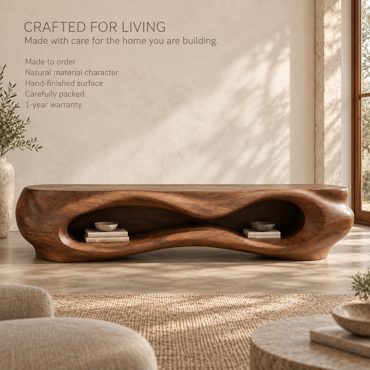 Liora Sculptural Solid Wood TV Stand - Design 081 - product detail and styling view 8