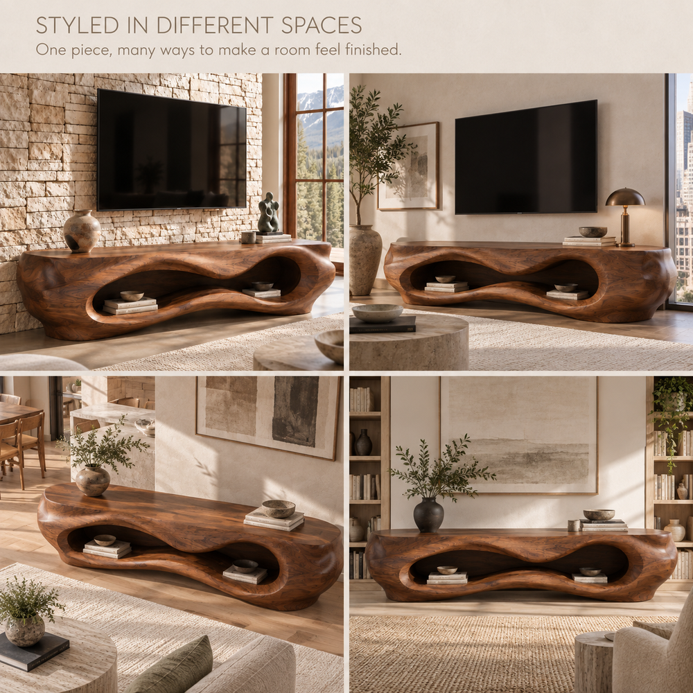 Liora Sculptural Solid Wood TV Stand - Design 081 - product detail and styling view 9