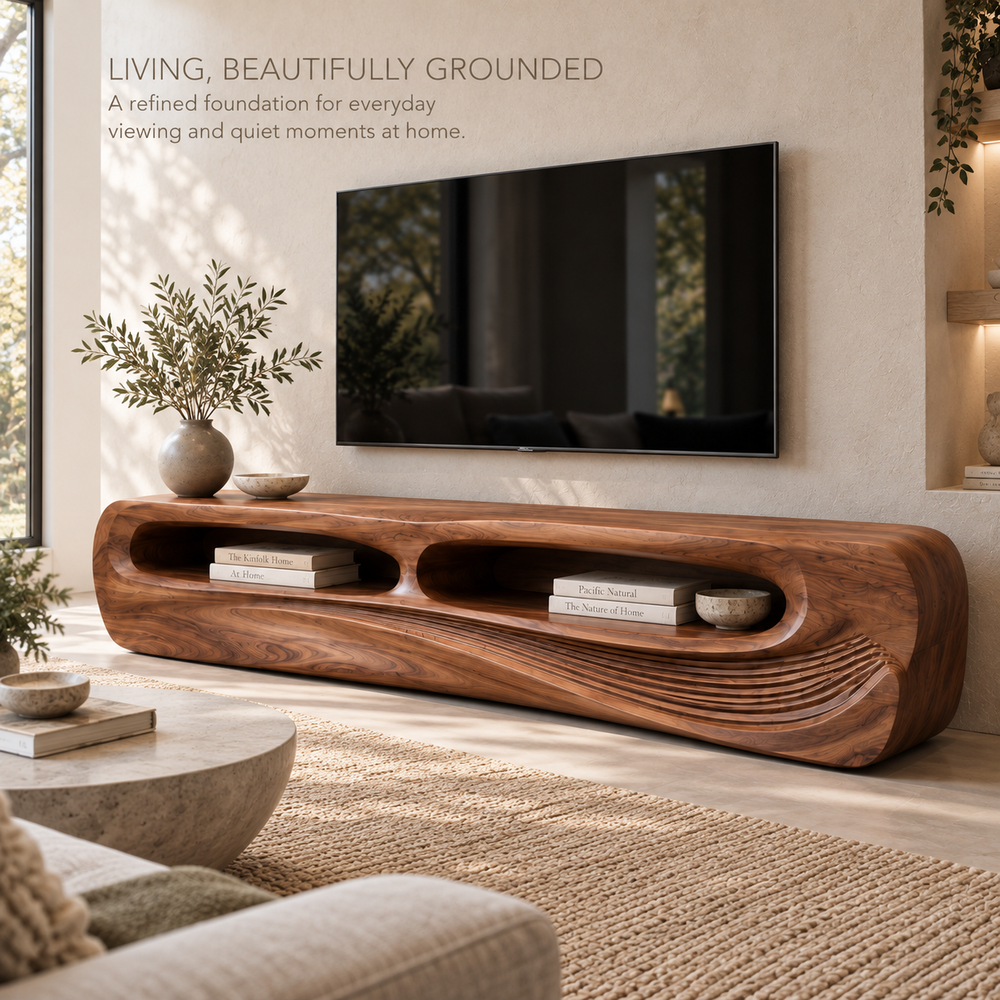 Nolan Sculptural Solid Wood TV Stand - Design 082 - main lifestyle view