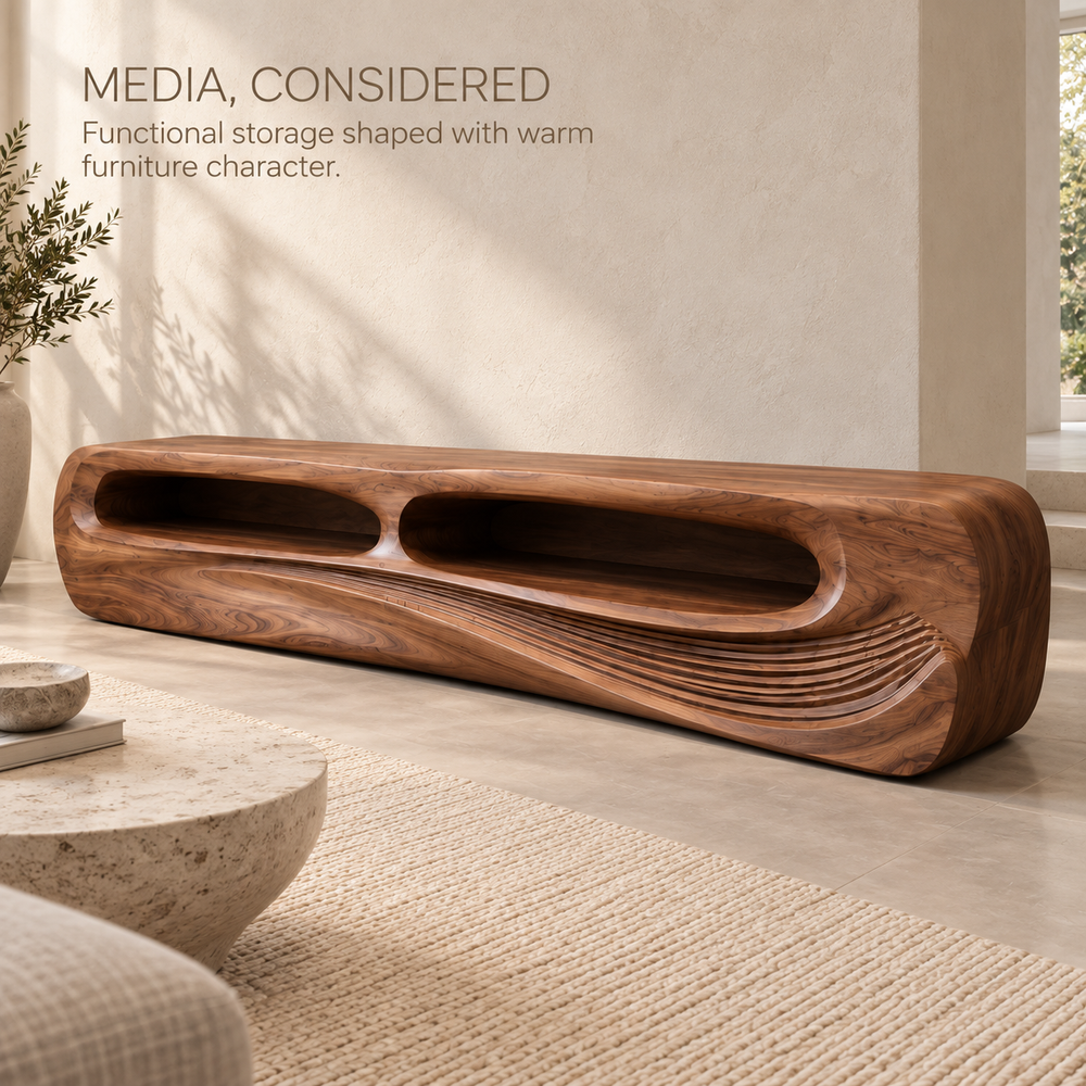 Nolan Sculptural Solid Wood TV Stand - Design 082 - product detail and styling view 2
