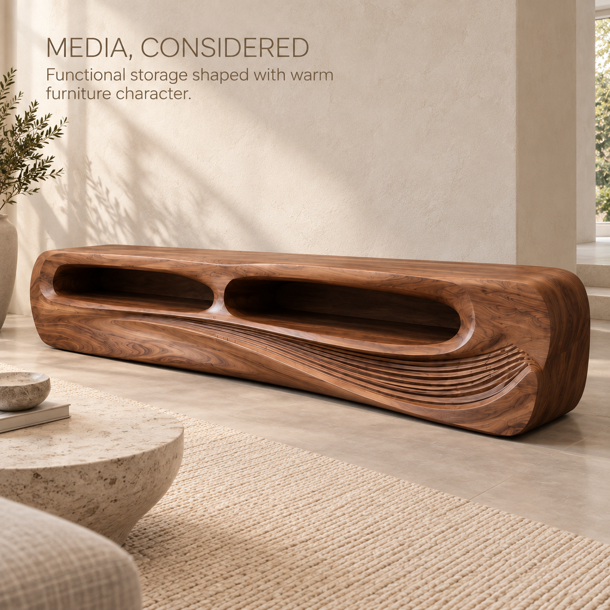 Nolan Sculptural Solid Wood TV Stand - Design 082 - product detail and styling view 2