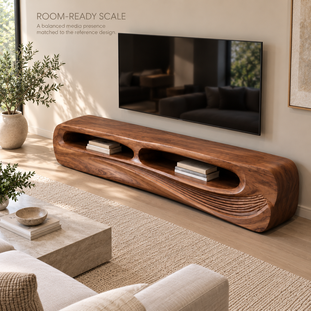 Nolan Sculptural Solid Wood TV Stand - Design 082 - product detail and styling view 3