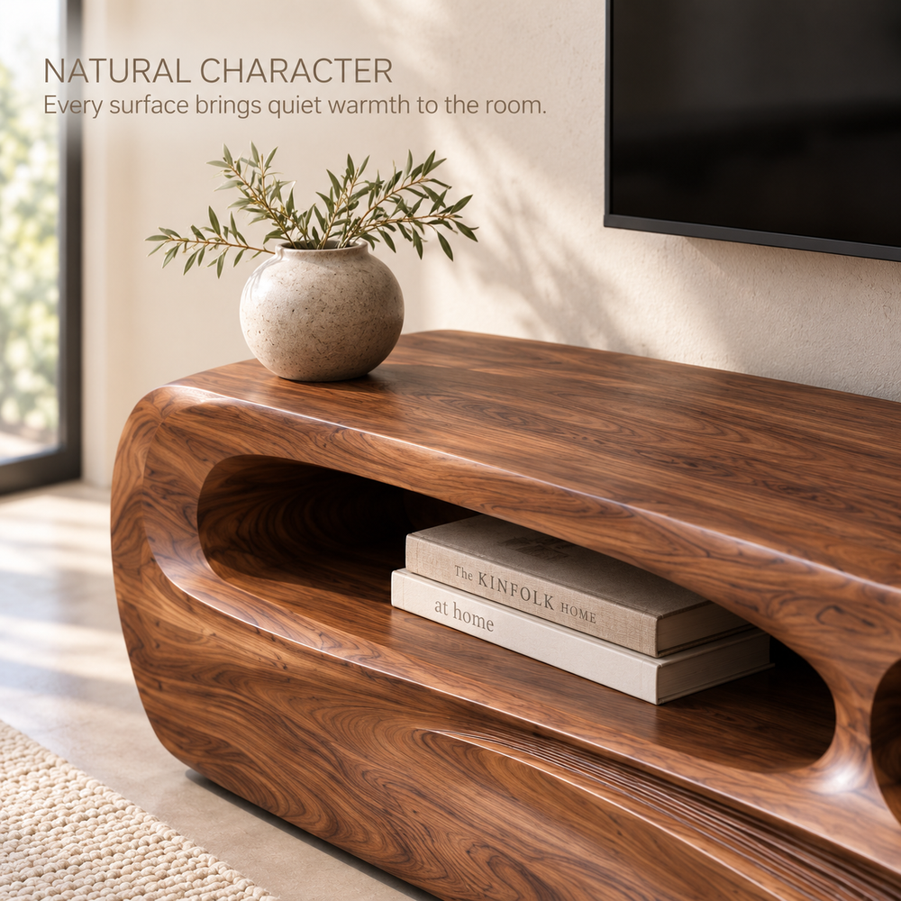 Nolan Sculptural Solid Wood TV Stand - Design 082 - product detail and styling view 4