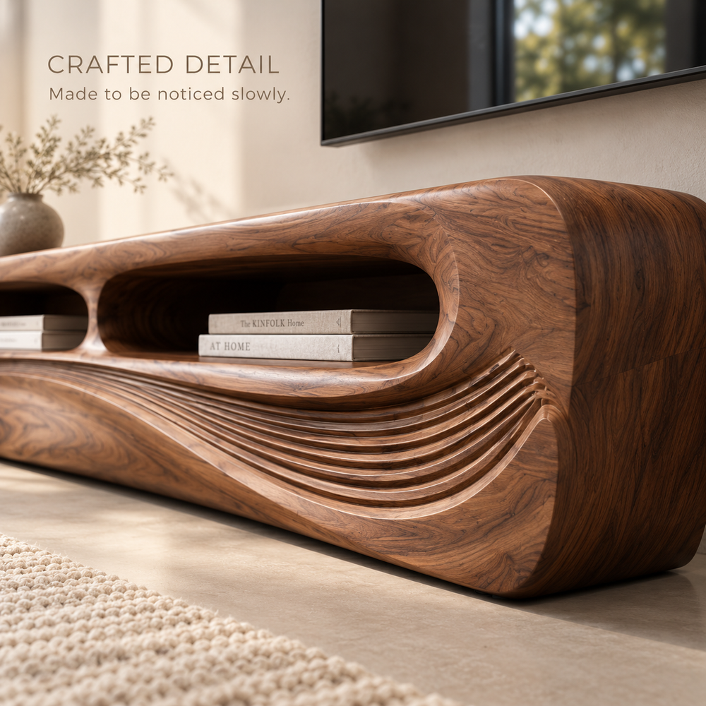 Nolan Sculptural Solid Wood TV Stand - Design 082 - product detail and styling view 5