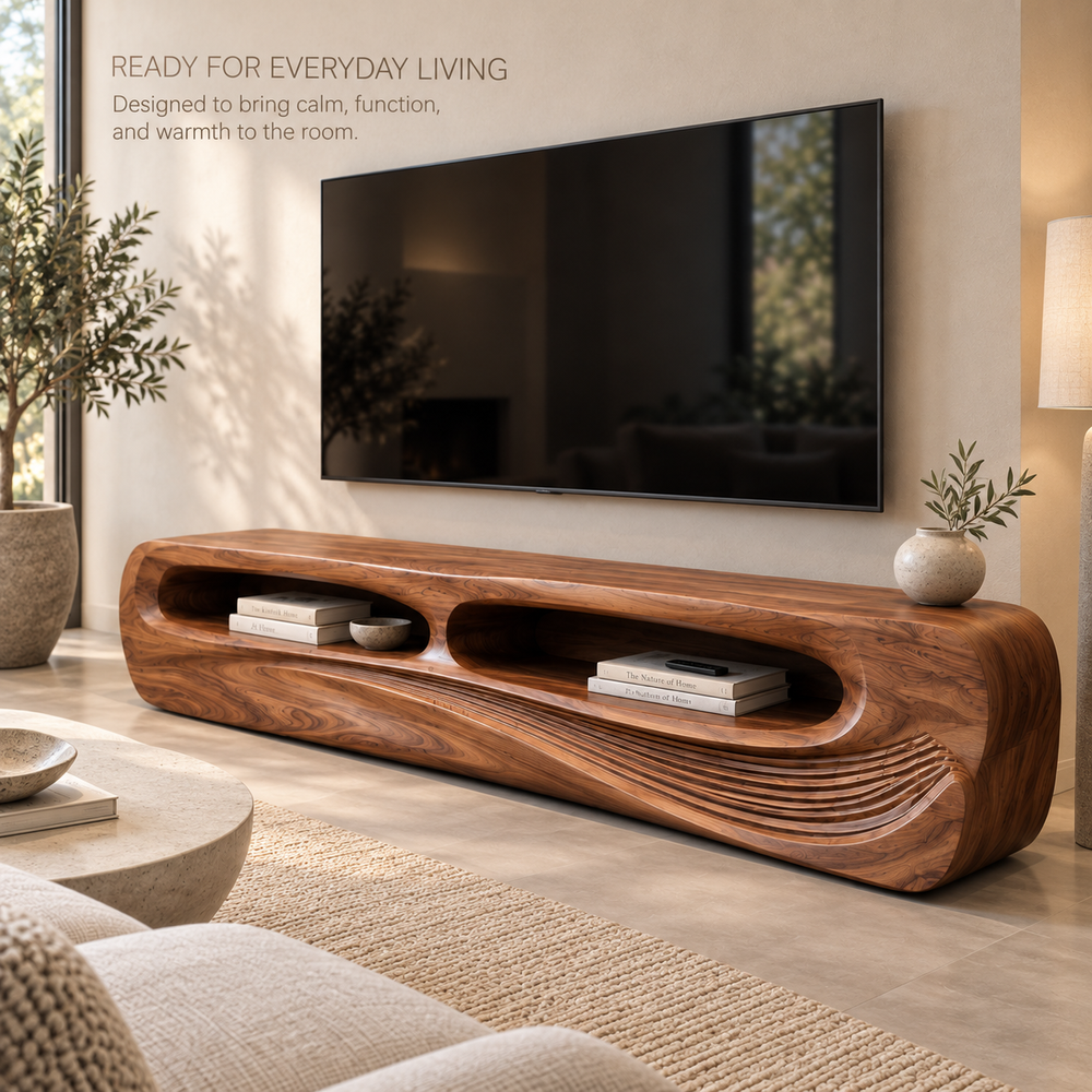 Nolan Sculptural Solid Wood TV Stand - Design 082 - product detail and styling view 6