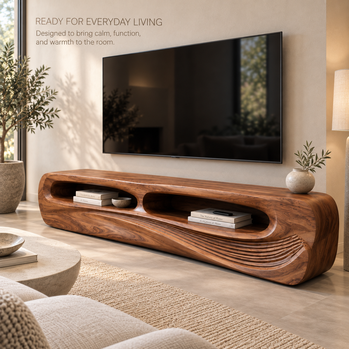 Nolan Sculptural Solid Wood TV Stand - Design 082 - product detail and styling view 6