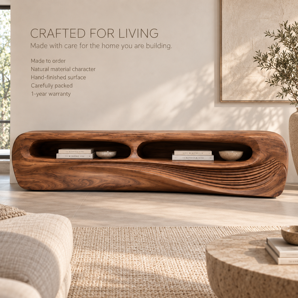 Nolan Sculptural Solid Wood TV Stand - Design 082 - product detail and styling view 8