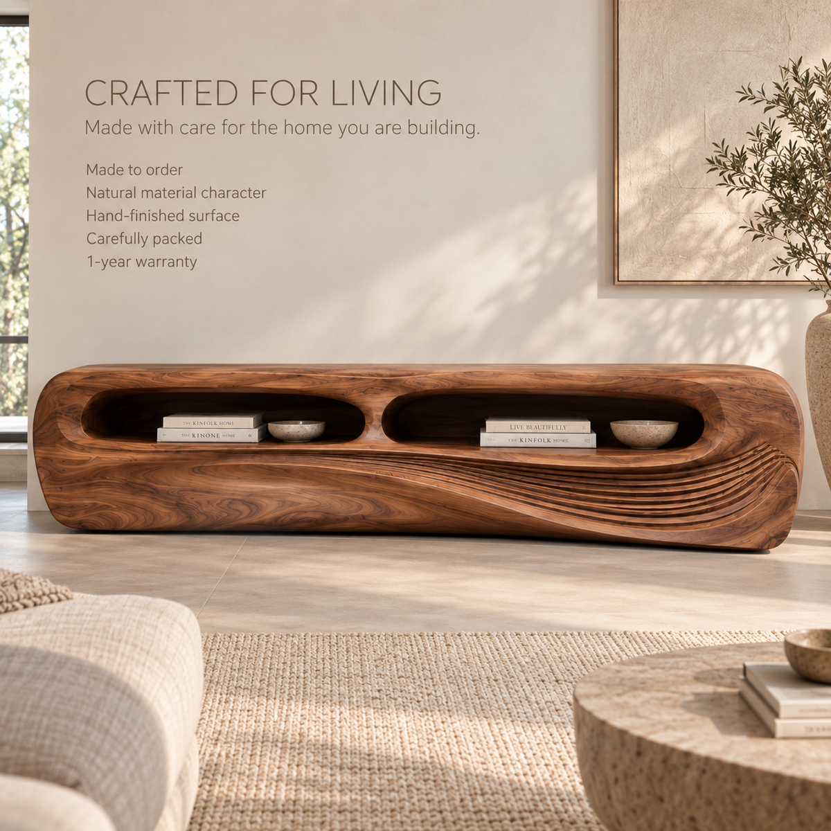 Nolan Sculptural Solid Wood TV Stand - Design 082 - product detail and styling view 8