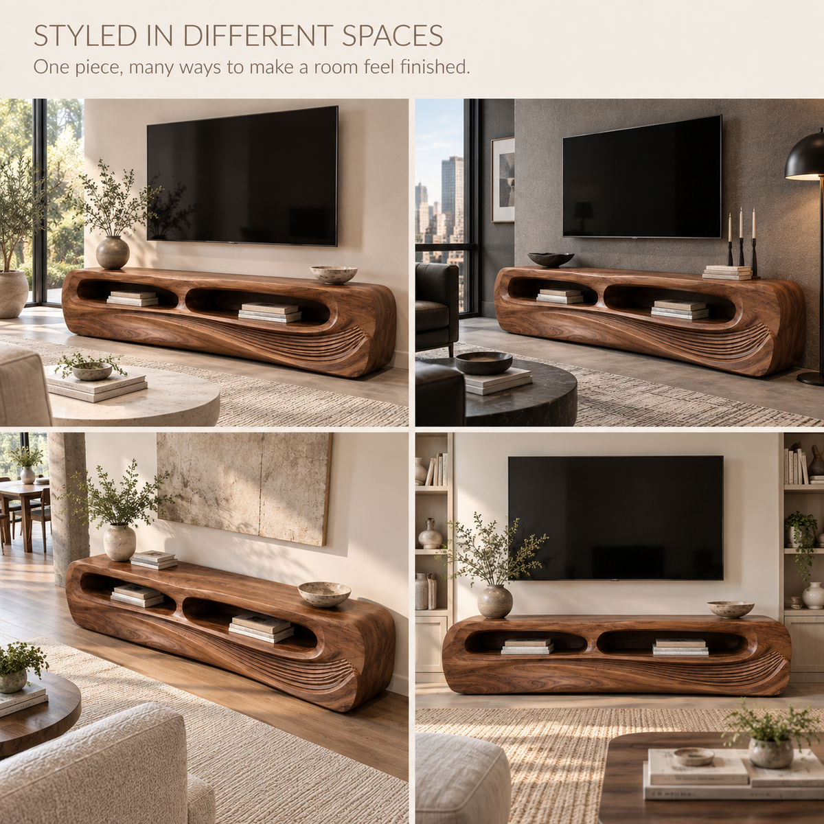 Nolan Sculptural Solid Wood TV Stand - Design 082 - product detail and styling view 9