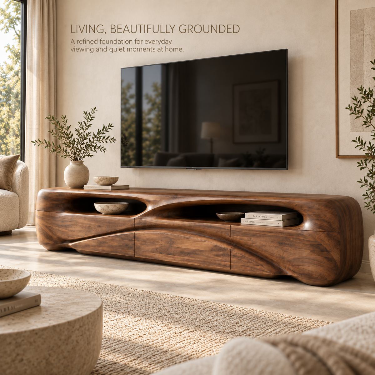 Brielle Sculptural Solid Wood TV Stand - Design 083 - main lifestyle view