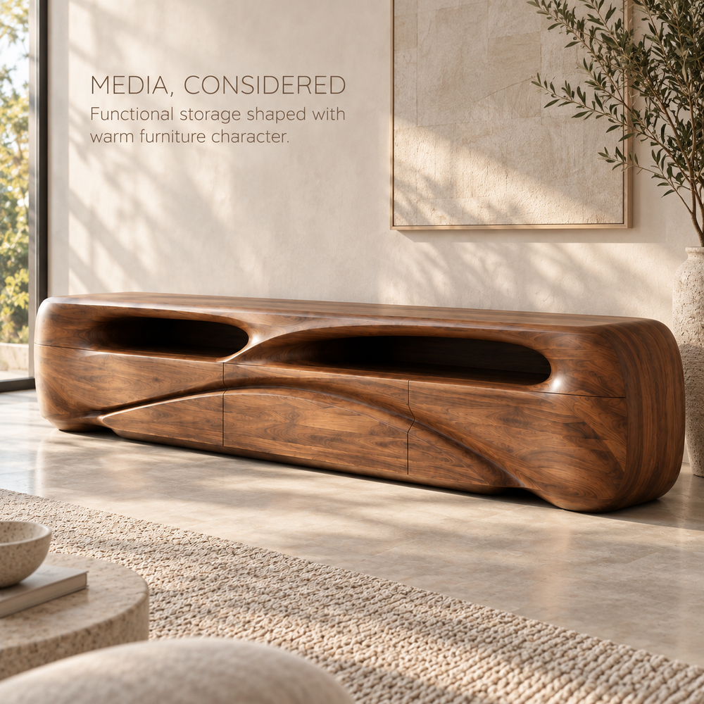 Brielle Sculptural Solid Wood TV Stand - Design 083 - product detail and styling view 2