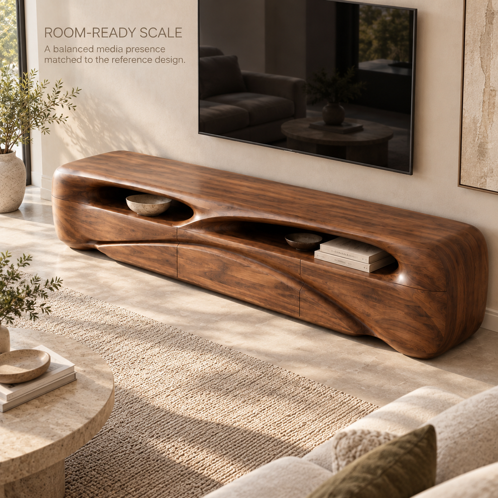 Brielle Sculptural Solid Wood TV Stand - Design 083 - product detail and styling view 3