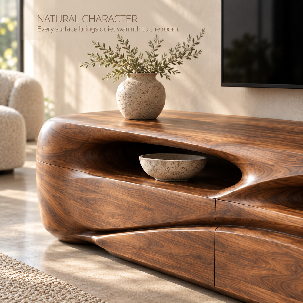 Brielle Sculptural Solid Wood TV Stand - Design 083 - product detail and styling view 4