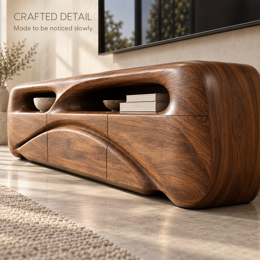 Brielle Sculptural Solid Wood TV Stand - Design 083 - product detail and styling view 5
