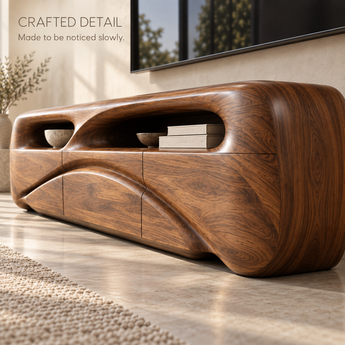 Brielle Sculptural Solid Wood TV Stand - Design 083 - product detail and styling view 5