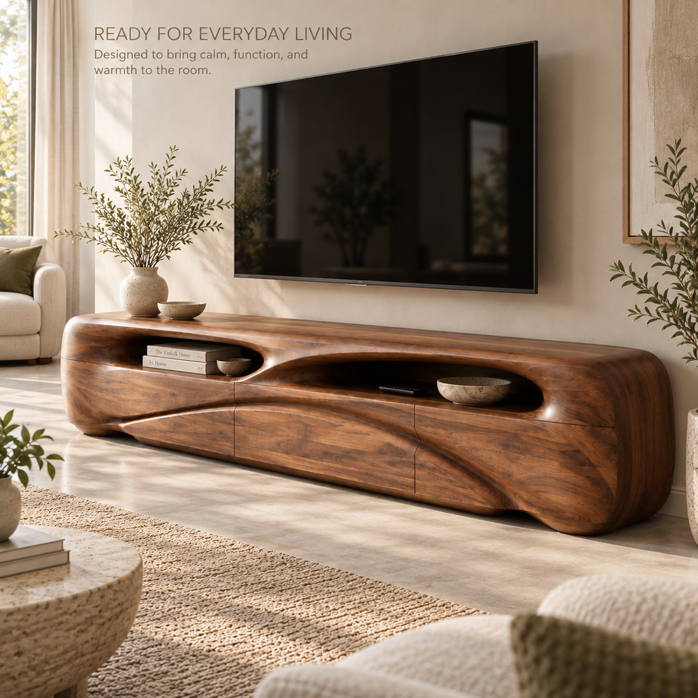 Brielle Sculptural Solid Wood TV Stand - Design 083 - product detail and styling view 6