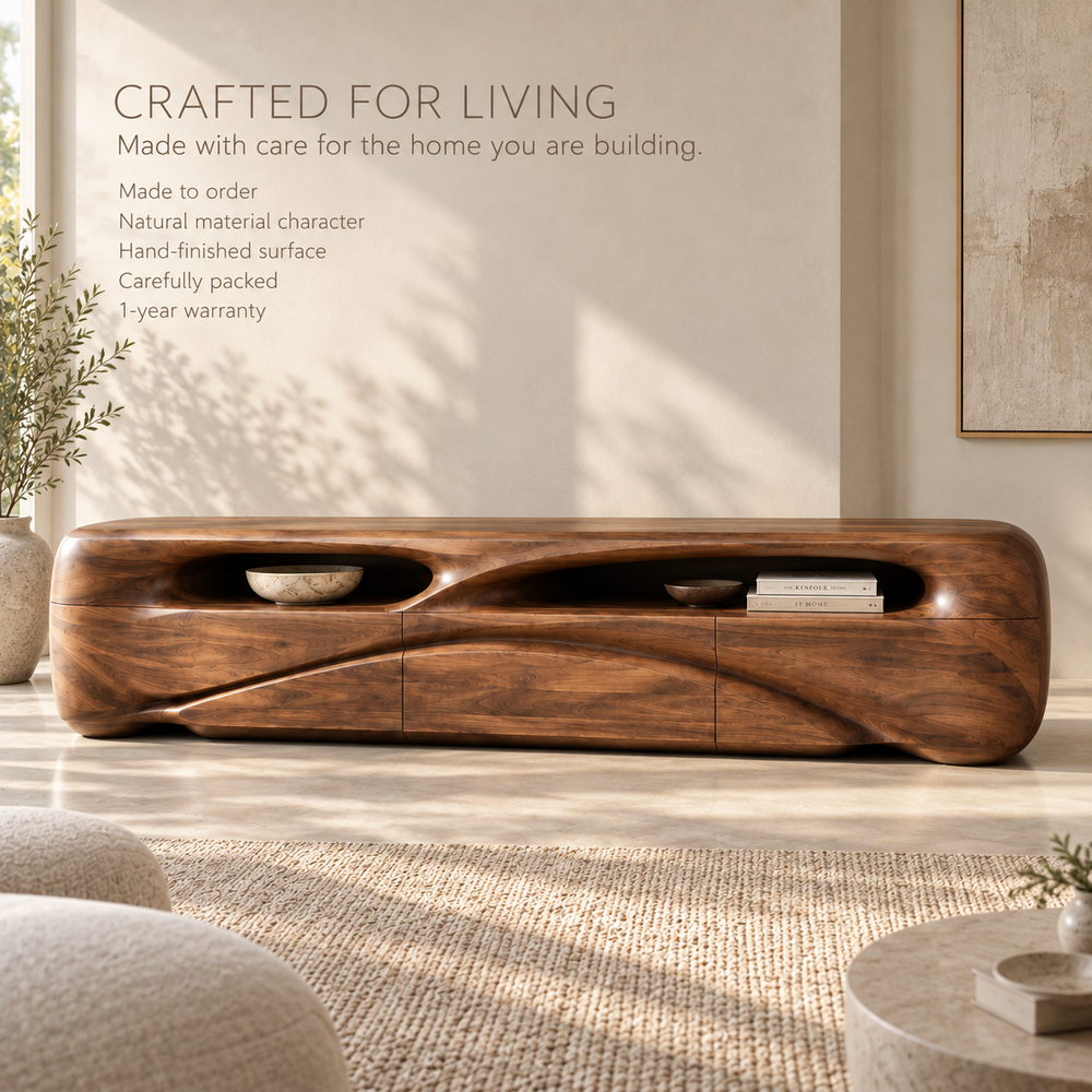 Brielle Sculptural Solid Wood TV Stand - Design 083 - product detail and styling view 8