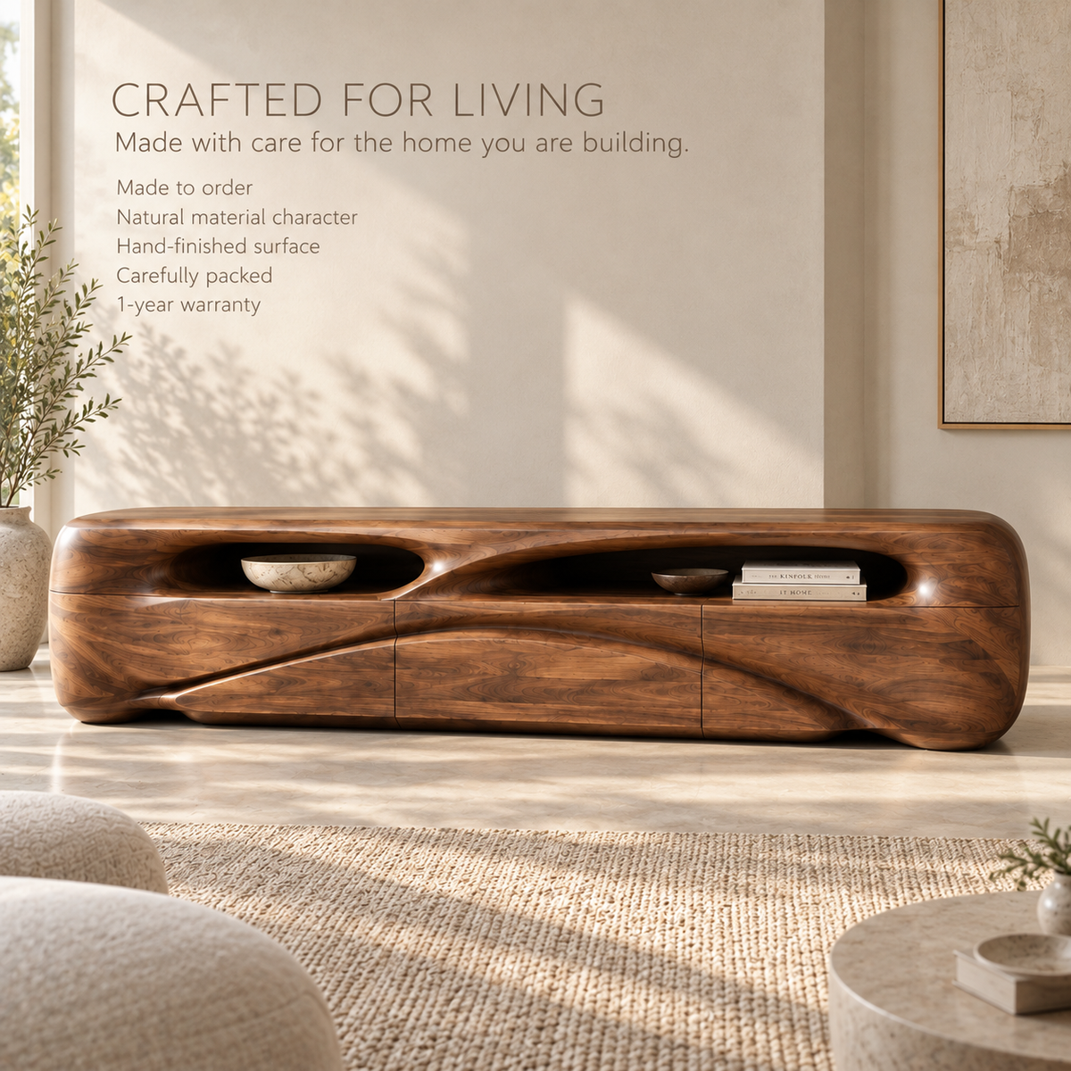 Brielle Sculptural Solid Wood TV Stand - Design 083 - product detail and styling view 8