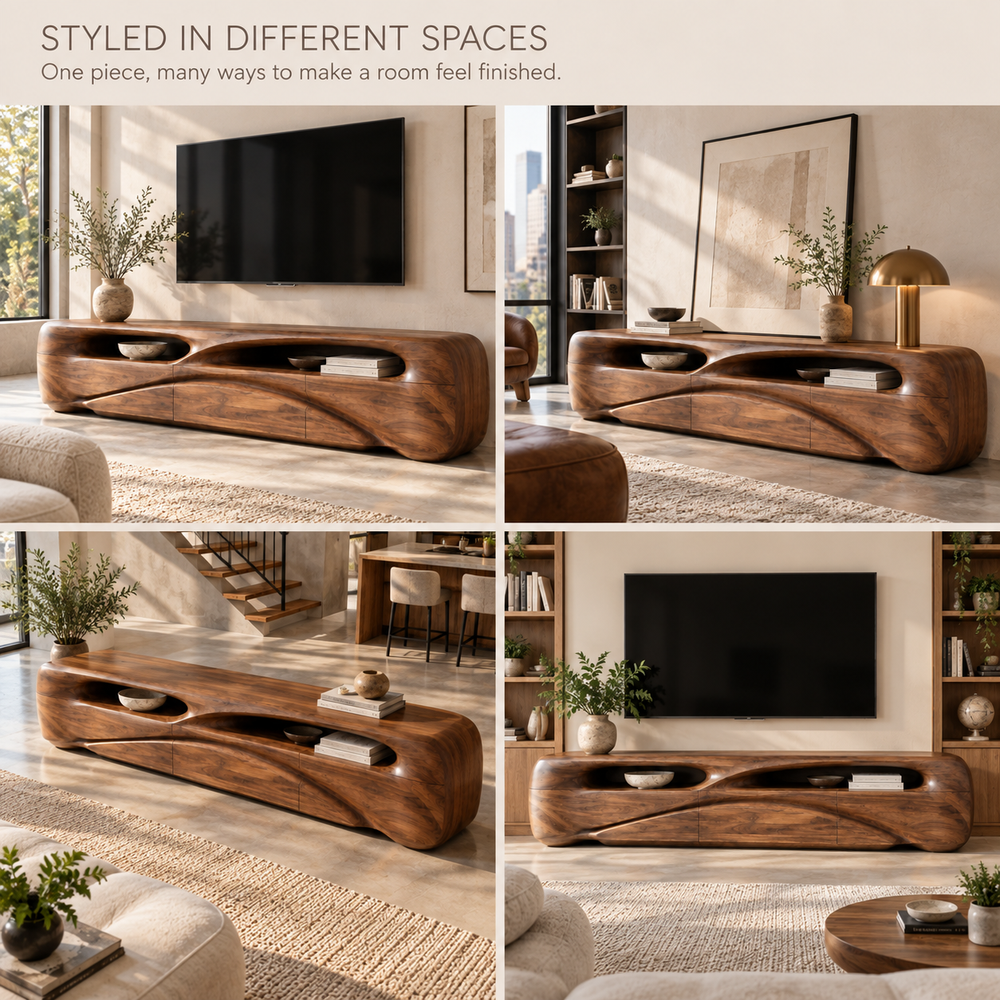 Brielle Sculptural Solid Wood TV Stand - Design 083 - product detail and styling view 9