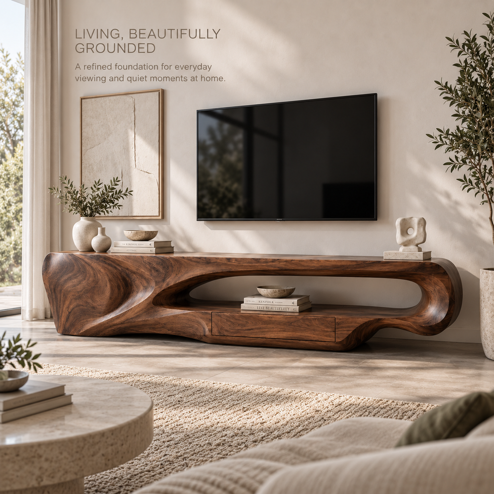 Orin Sculptural Solid Wood TV Stand - Design 084 - main lifestyle view