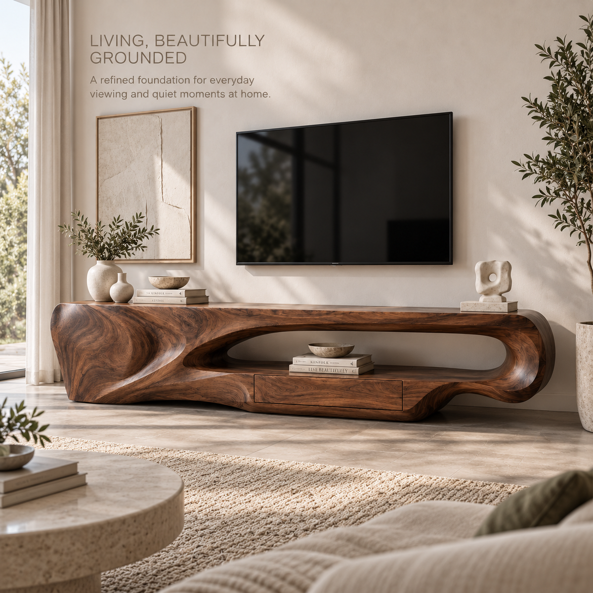Orin Sculptural Solid Wood TV Stand - Design 084 - main lifestyle view