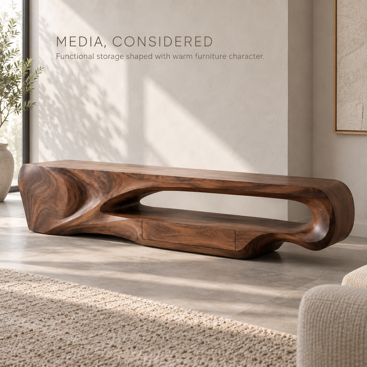 Orin Sculptural Solid Wood TV Stand - Design 084 - product detail and styling view 2