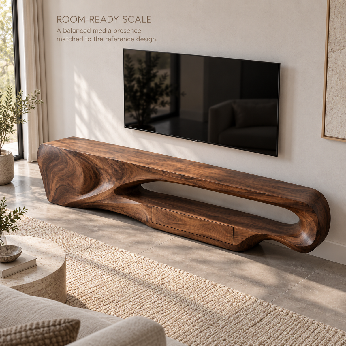 Orin Sculptural Solid Wood TV Stand - Design 084 - product detail and styling view 3