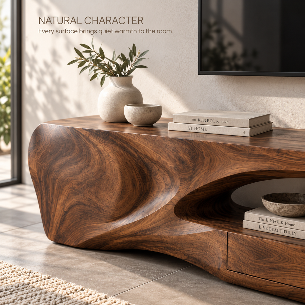 Orin Sculptural Solid Wood TV Stand - Design 084 - product detail and styling view 4
