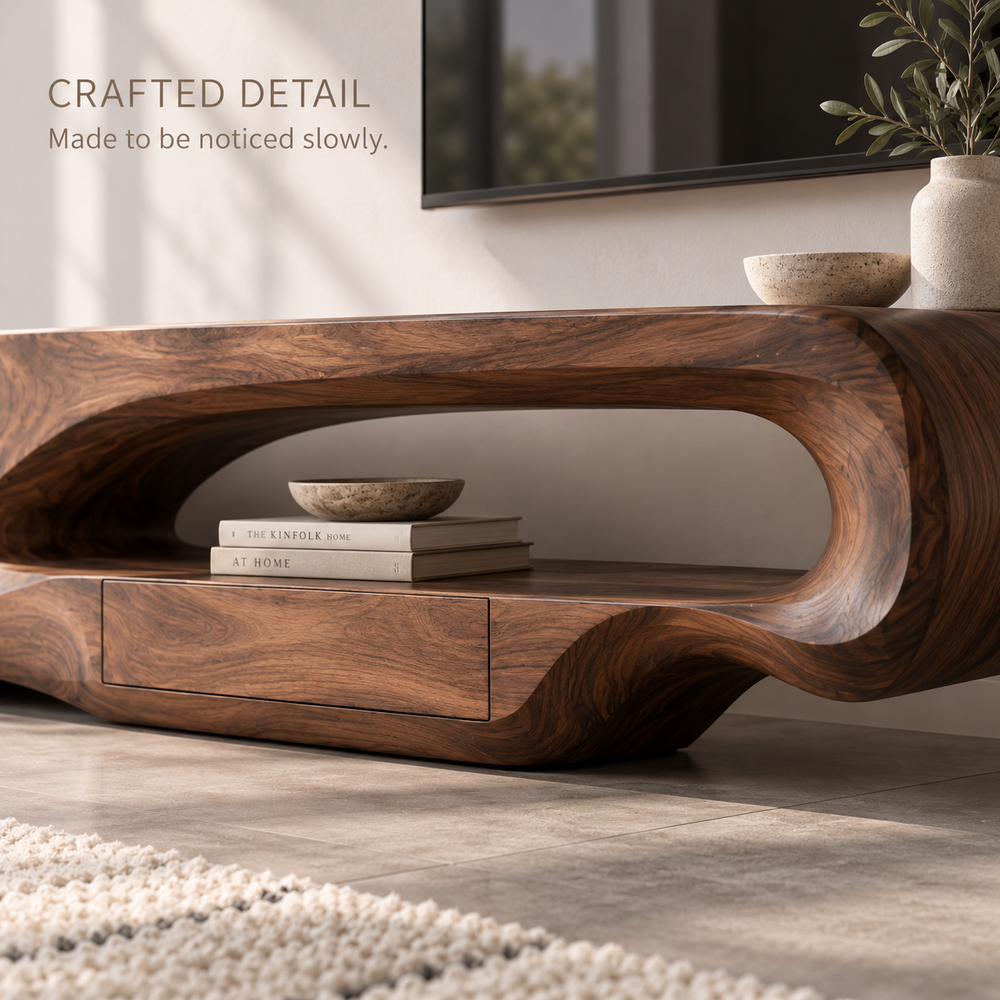 Orin Sculptural Solid Wood TV Stand - Design 084 - product detail and styling view 5