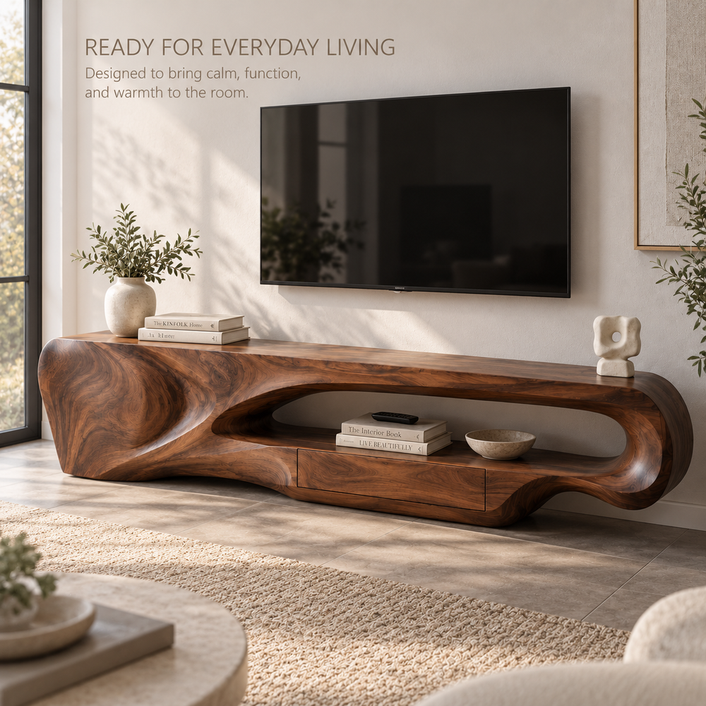 Orin Sculptural Solid Wood TV Stand - Design 084 - product detail and styling view 6