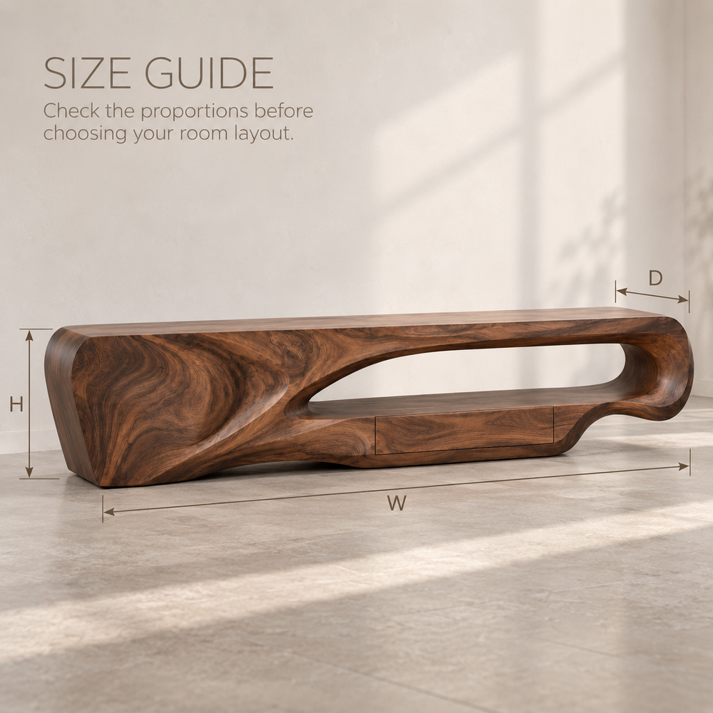 Orin Sculptural Solid Wood TV Stand - Design 084 - product detail and styling view 7