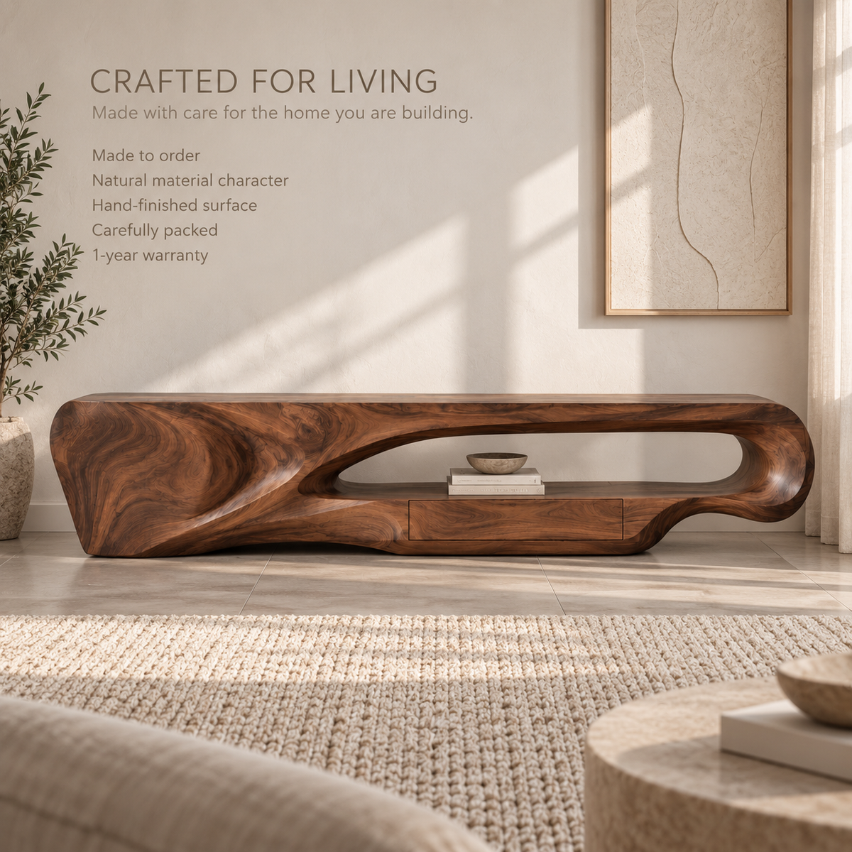 Orin Sculptural Solid Wood TV Stand - Design 084 - product detail and styling view 8