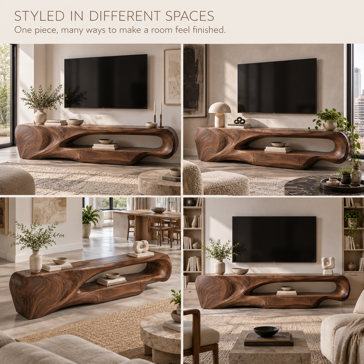 Orin Sculptural Solid Wood TV Stand - Design 084 - product detail and styling view 9