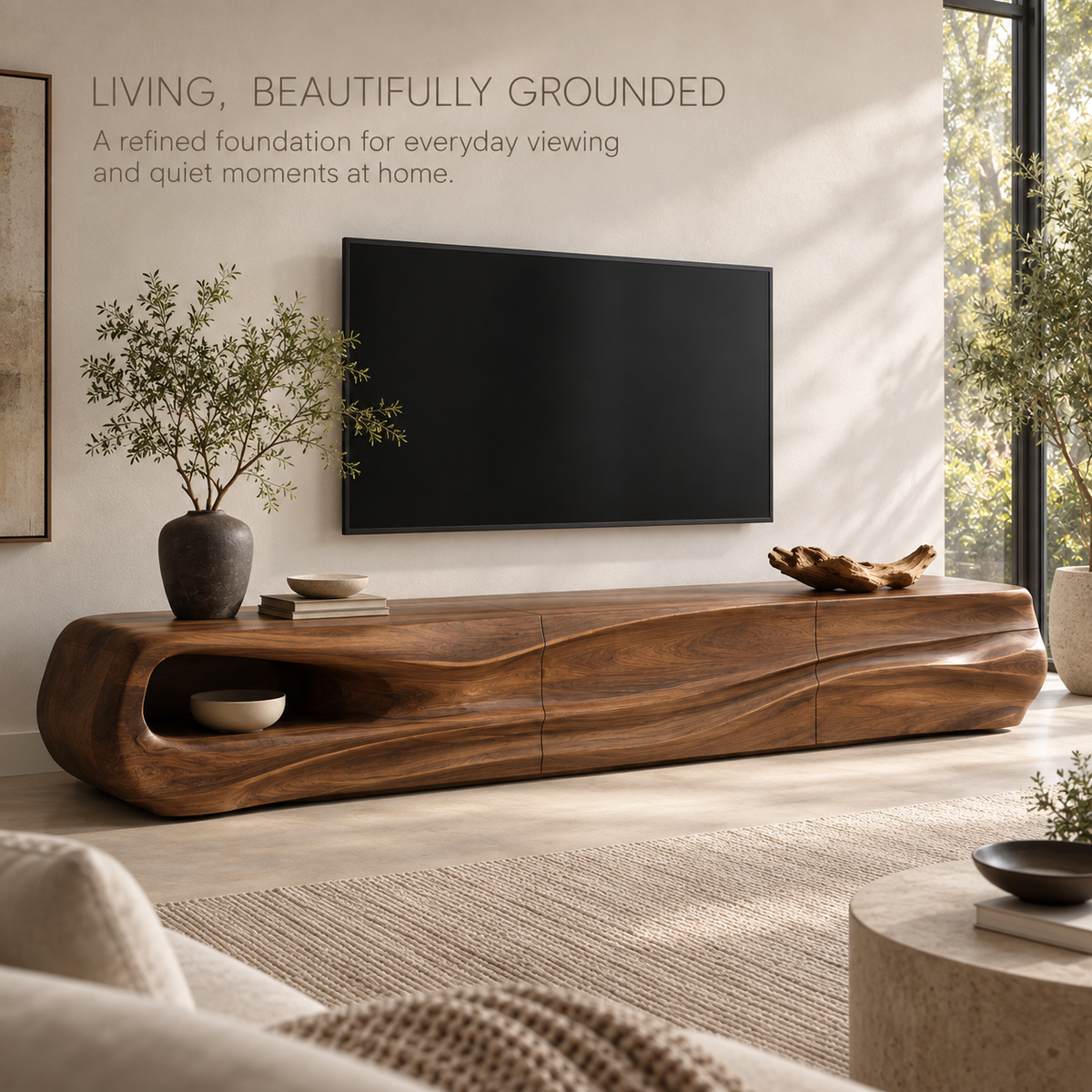 Selene Sculptural Solid Wood TV Stand - Design 085 - main lifestyle view
