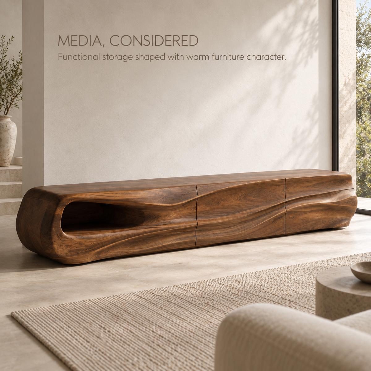 Selene Sculptural Solid Wood TV Stand - Design 085 - product detail and styling view 2