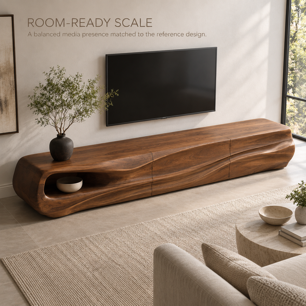 Selene Sculptural Solid Wood TV Stand - Design 085 - product detail and styling view 3