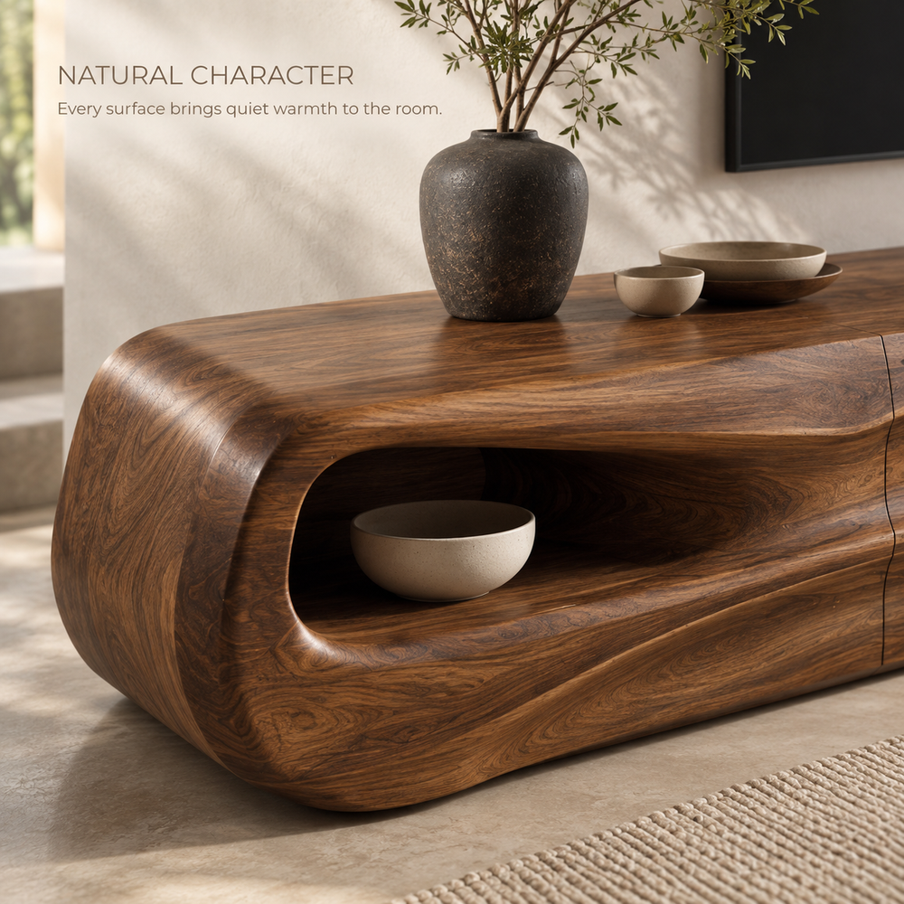 Selene Sculptural Solid Wood TV Stand - Design 085 - product detail and styling view 4