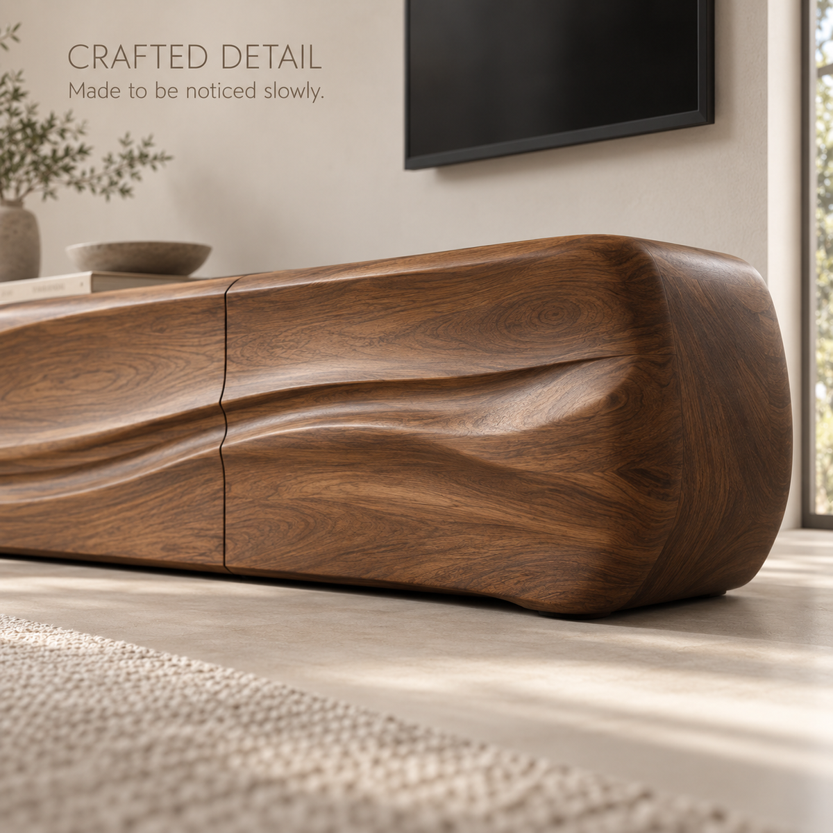 Selene Sculptural Solid Wood TV Stand - Design 085 - product detail and styling view 5
