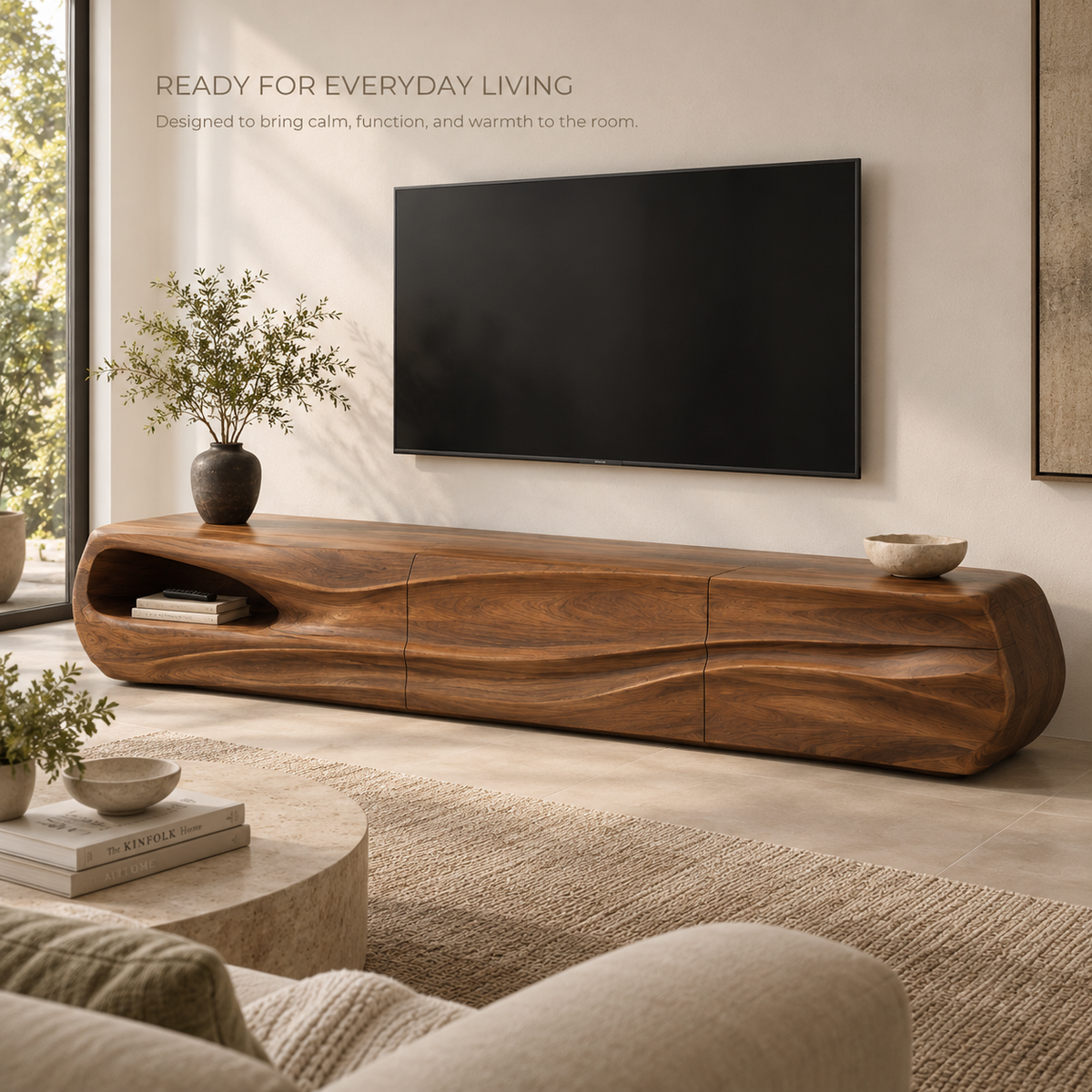 Selene Sculptural Solid Wood TV Stand - Design 085 - product detail and styling view 6