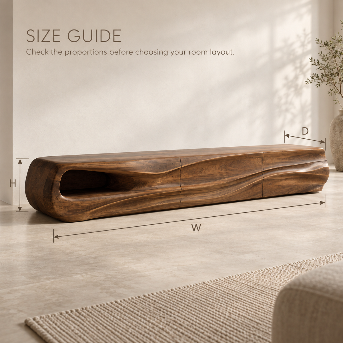 Selene Sculptural Solid Wood TV Stand - Design 085 - product detail and styling view 7