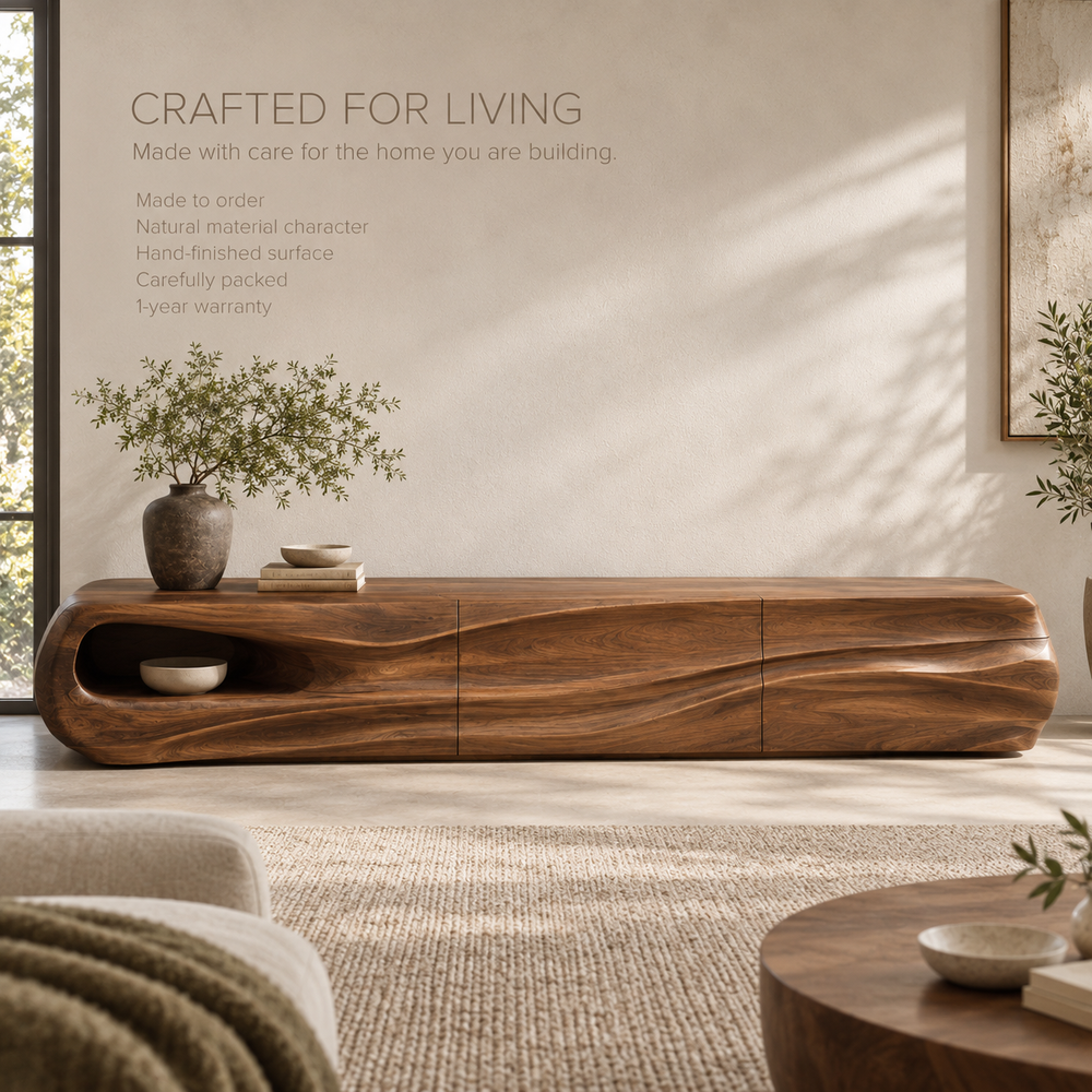 Selene Sculptural Solid Wood TV Stand - Design 085 - product detail and styling view 8