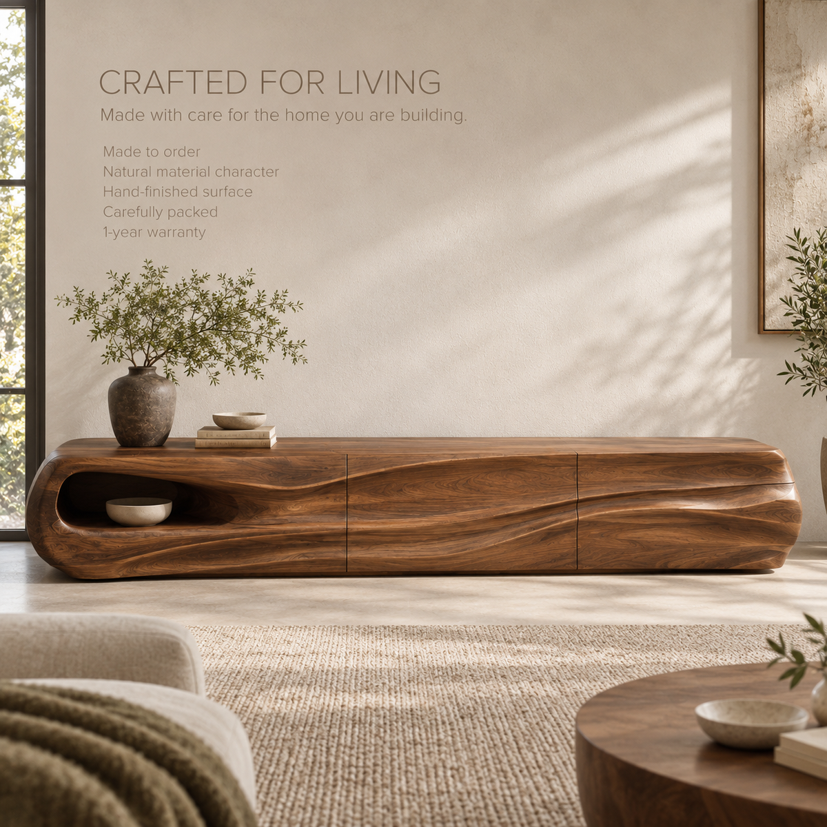 Selene Sculptural Solid Wood TV Stand - Design 085 - product detail and styling view 8