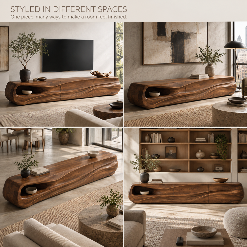 Selene Sculptural Solid Wood TV Stand - Design 085 - product detail and styling view 9
