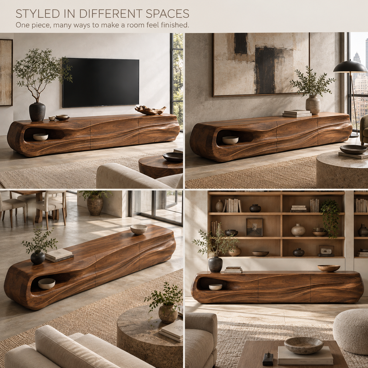 Selene Sculptural Solid Wood TV Stand - Design 085 - product detail and styling view 9