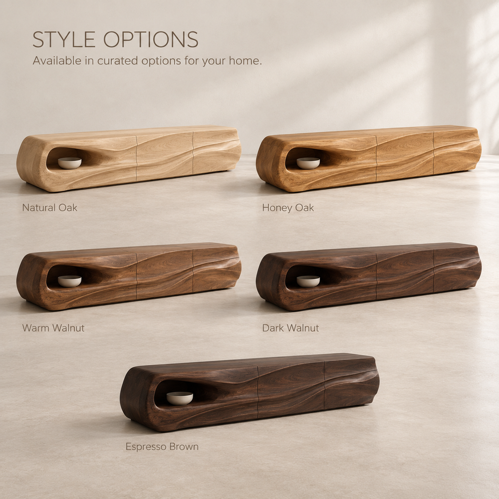 Selene Sculptural Solid Wood TV Stand - Design 085 - product detail and styling view 10