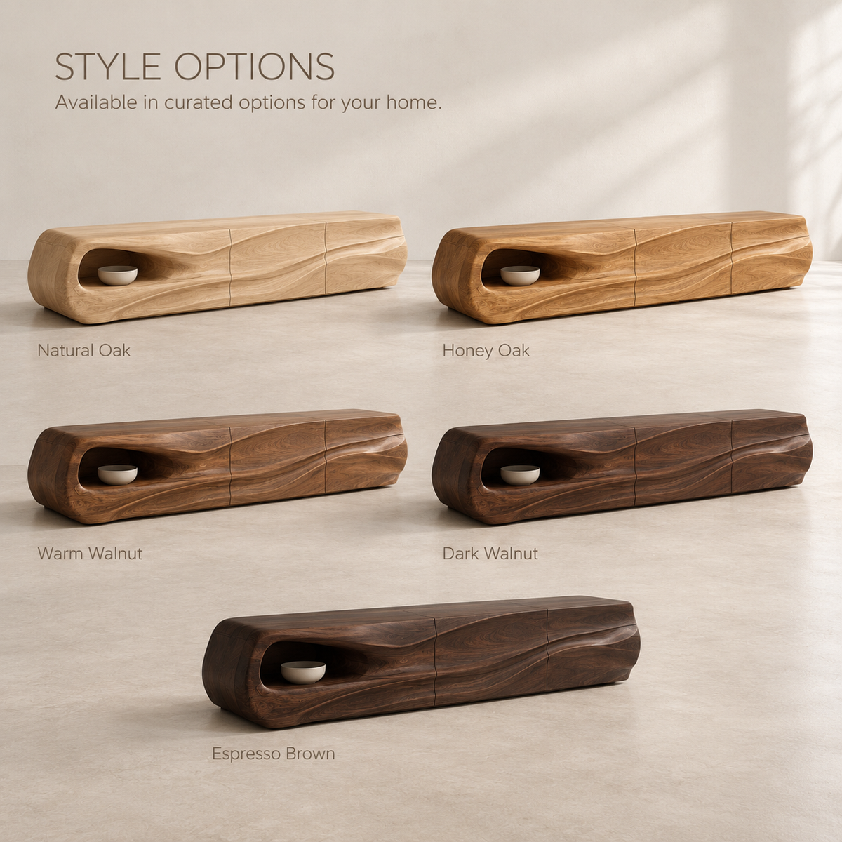 Selene Sculptural Solid Wood TV Stand - Design 085 - product detail and styling view 10