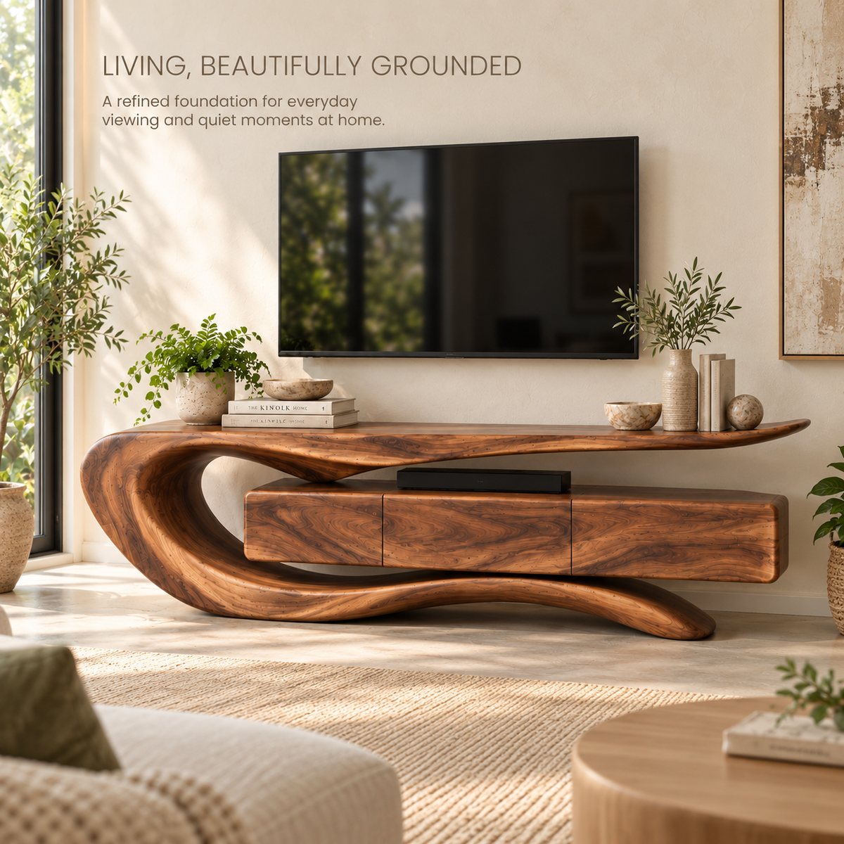 Darian Sculptural Solid Wood TV Stand - Design 086 - main lifestyle view