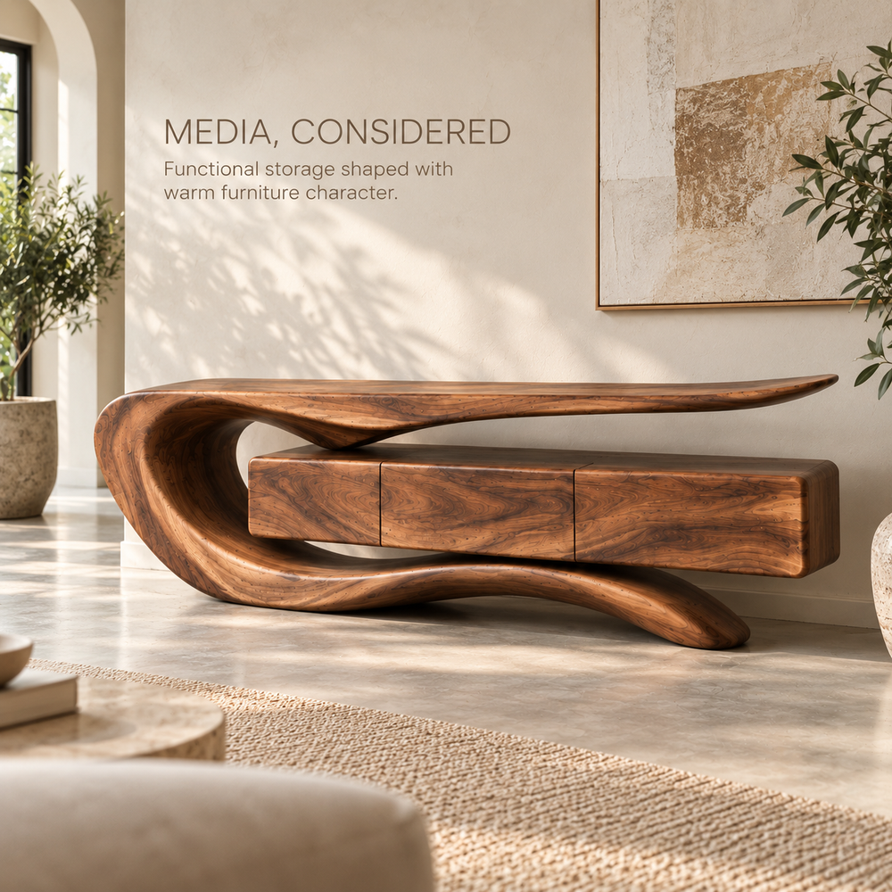 Darian Sculptural Solid Wood TV Stand - Design 086 - product detail and styling view 2